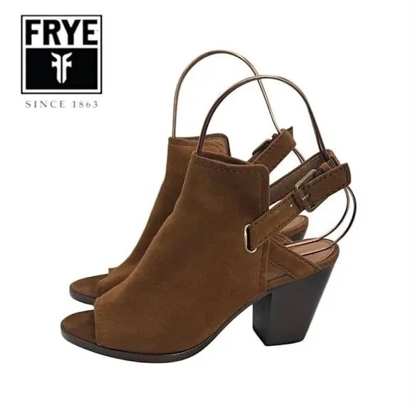 FRYE Dani Shield Slingback Mule Sandals Brown Khaki Suede Peep-Toe 7.5M EUC+ - Picture 12 of 14